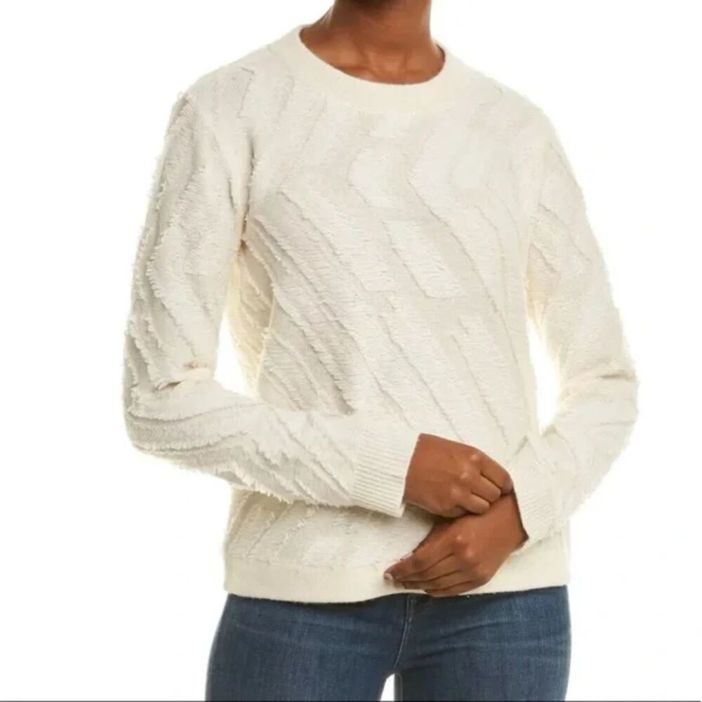 TORY BURCH Sweater Womens XS Ivory Pullover Crew Textured Fringe 100% Wool
